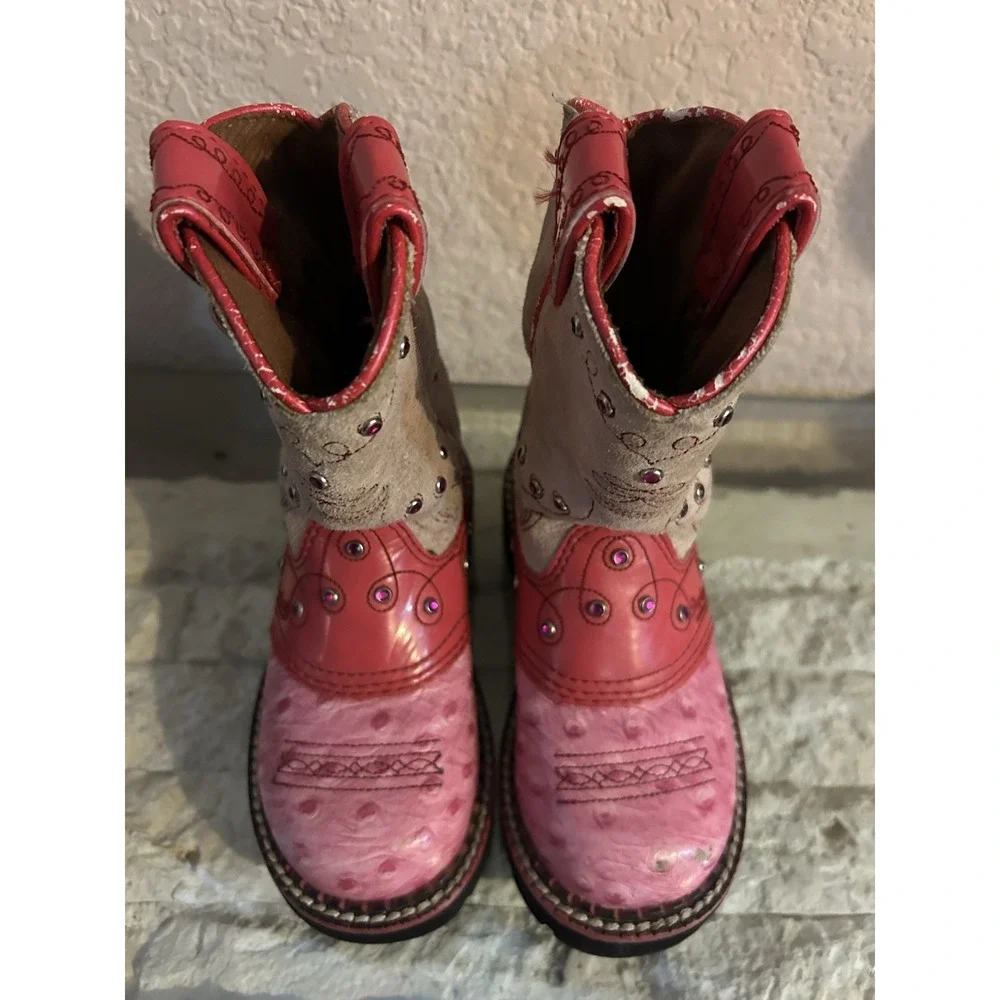 Youth Girl's Size 8.5 Ariat Fatbaby Cowgirl Boots Pink Flower Rhinestone